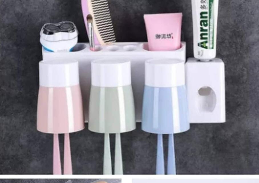 Gargle Suit Toothbrush Holder And Toothpaste Dispenser With 3 Cups: Sticks By Adhesives