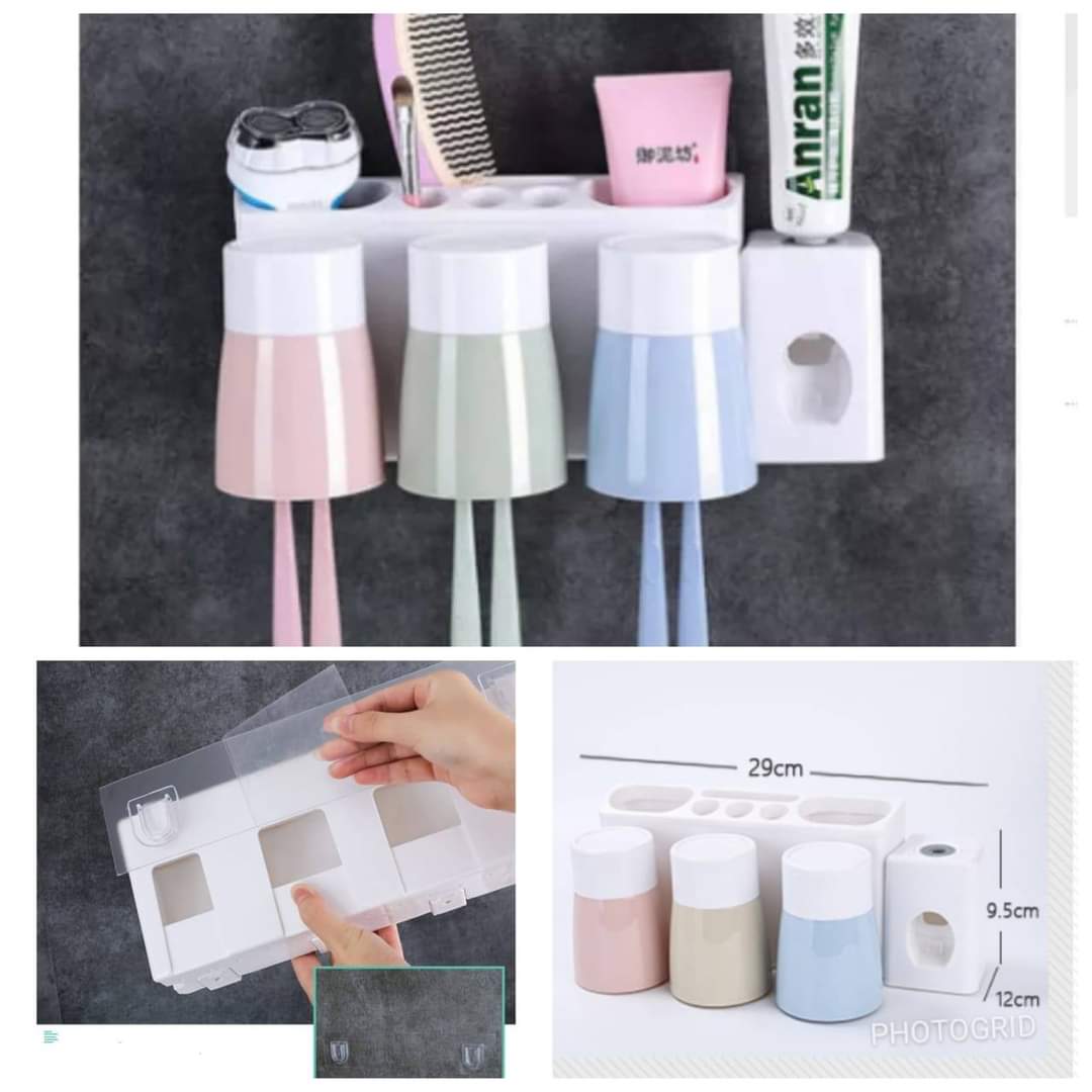 Gargle Suit Toothbrush Holder And Toothpaste Dispenser With 3 Cups: Sticks By Adhesives