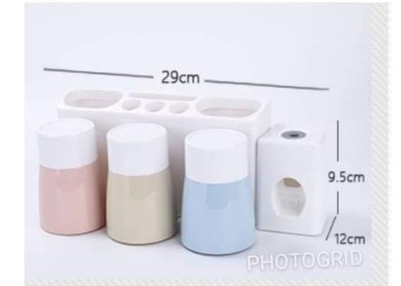 Gargle Suit Toothbrush Holder And Toothpaste Dispenser With 3 Cups: Sticks By Adhesives