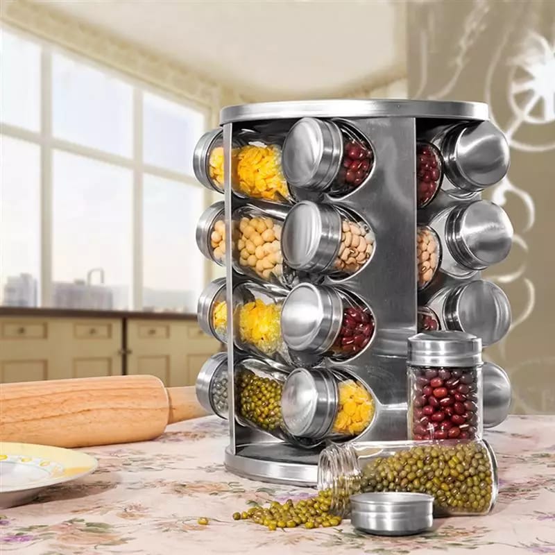 17 Pieces Stainless Steel Seasoning Bottles Kitchen  Rotating Rack Plus Free 16 Bottles