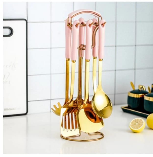 High Quality 6 Pieces Plus Stand Heavy Golden Spoon Set