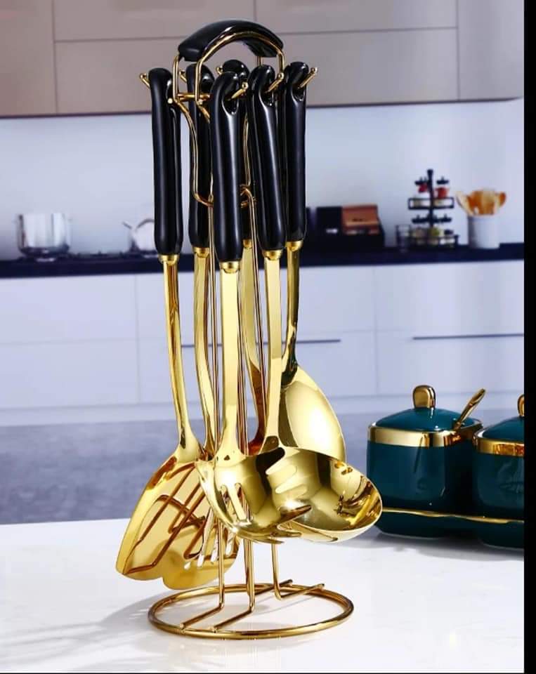 High Quality 6 Pieces Plus Stand Heavy Golden Spoon Set