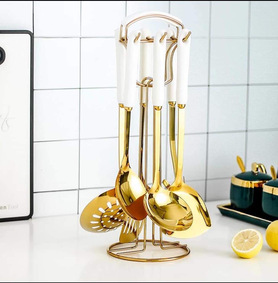 High Quality 6 Pieces Plus Stand Heavy Golden Spoon Set