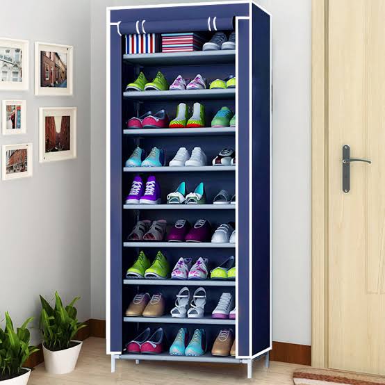 10 Layers Single Column Shoe Rack Made Of Canvas And Metal With Plastic Connectors