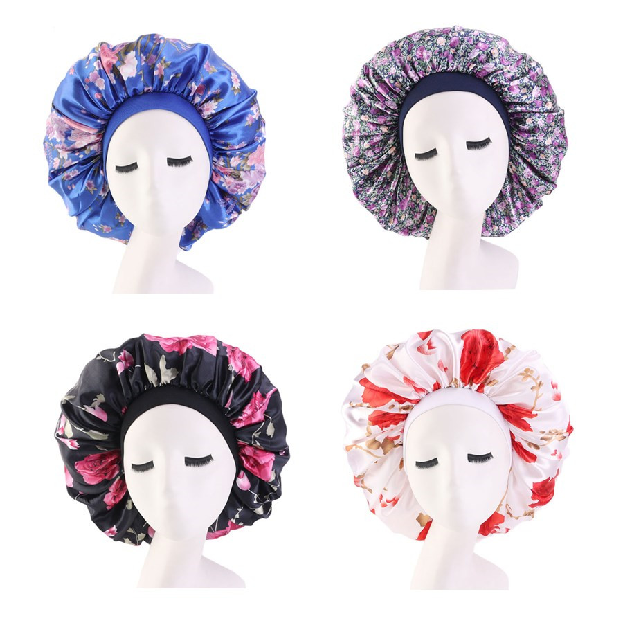 Large Print Satin Silky Bonnet Sleep Cap Width Elastic Band  Head Wrap Lady Hair Accessories