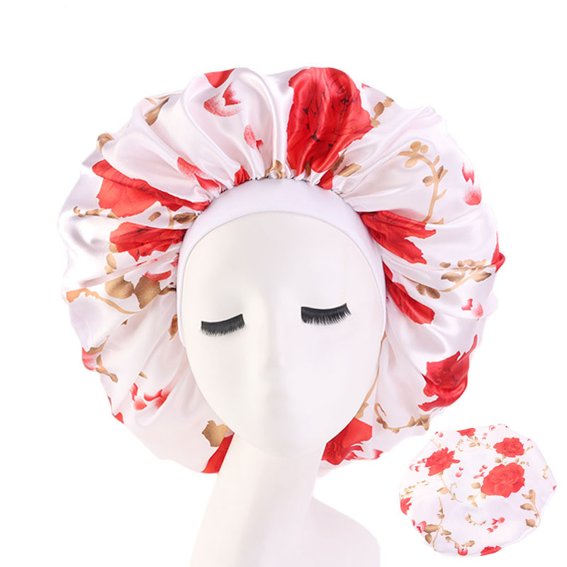Large Print Satin Silky Bonnet Sleep Cap Width Elastic Band  Head Wrap Lady Hair Accessories