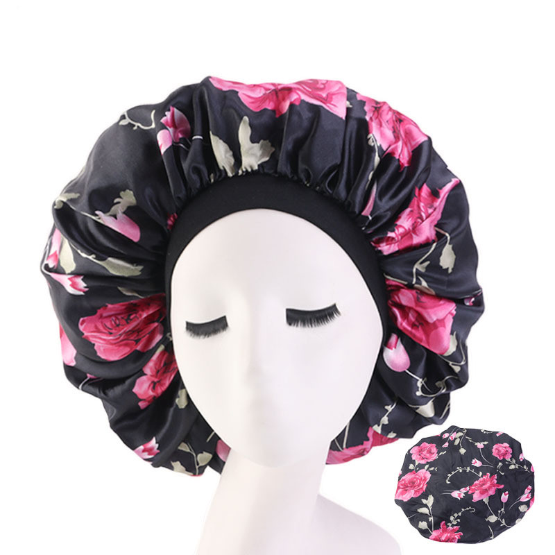 Large Print Satin Silky Bonnet Sleep Cap Width Elastic Band  Head Wrap Lady Hair Accessories
