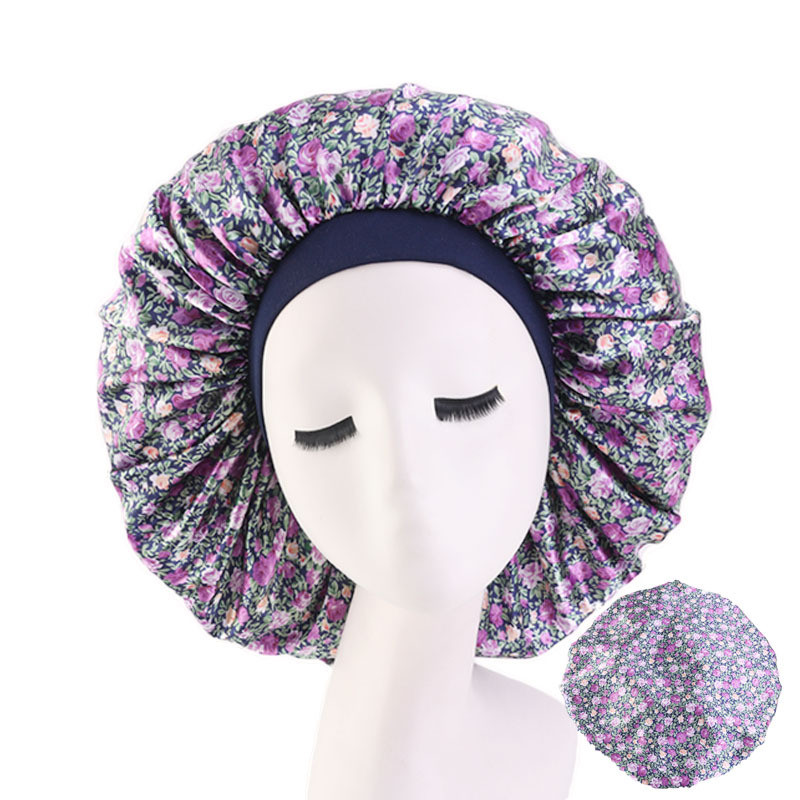 Large Print Satin Silky Bonnet Sleep Cap Width Elastic Band  Head Wrap Lady Hair Accessories