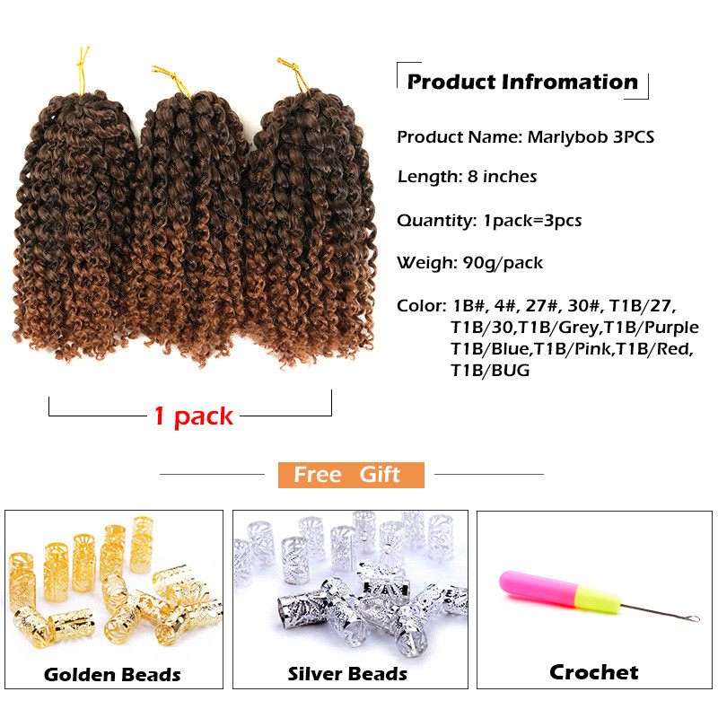 Marlybob Crochet Hair 3Pcs/Lot Afro Kinky Curly  Hair 8inch Synthetic Ombre Braiding Hair Extensions