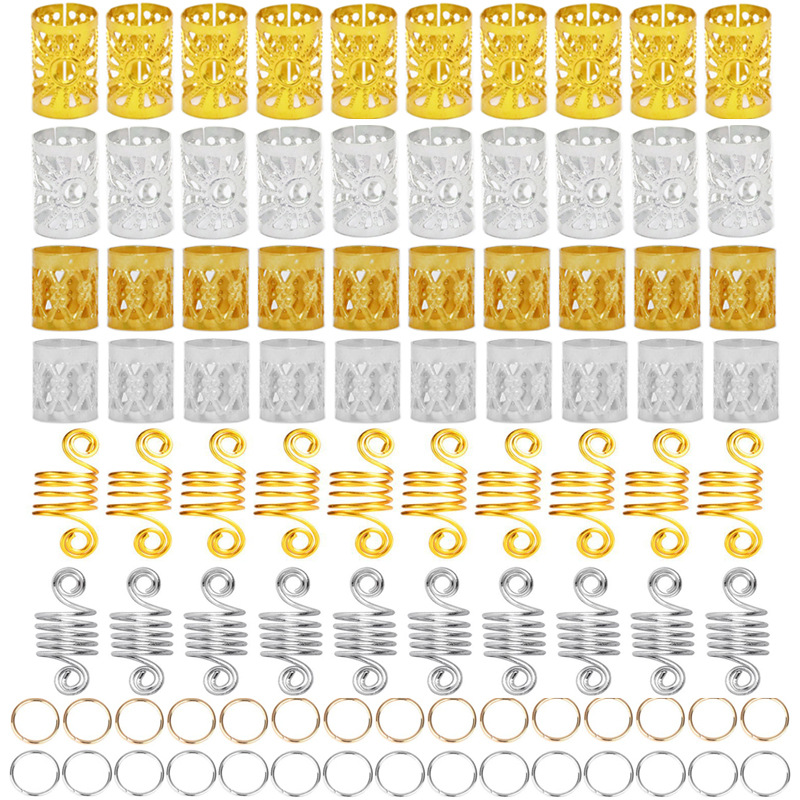 90PCS Golden Metal Hair Rings Beads Cuffs Tubes Charms Dreadlock Dread Hair Braids Accessories