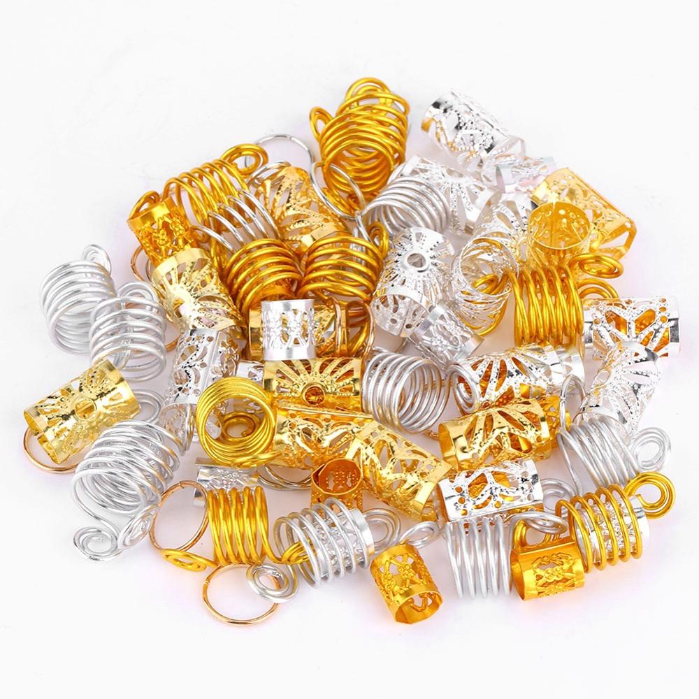 90PCS Golden Metal Hair Rings Beads Cuffs Tubes Charms Dreadlock Dread Hair Braids Accessories