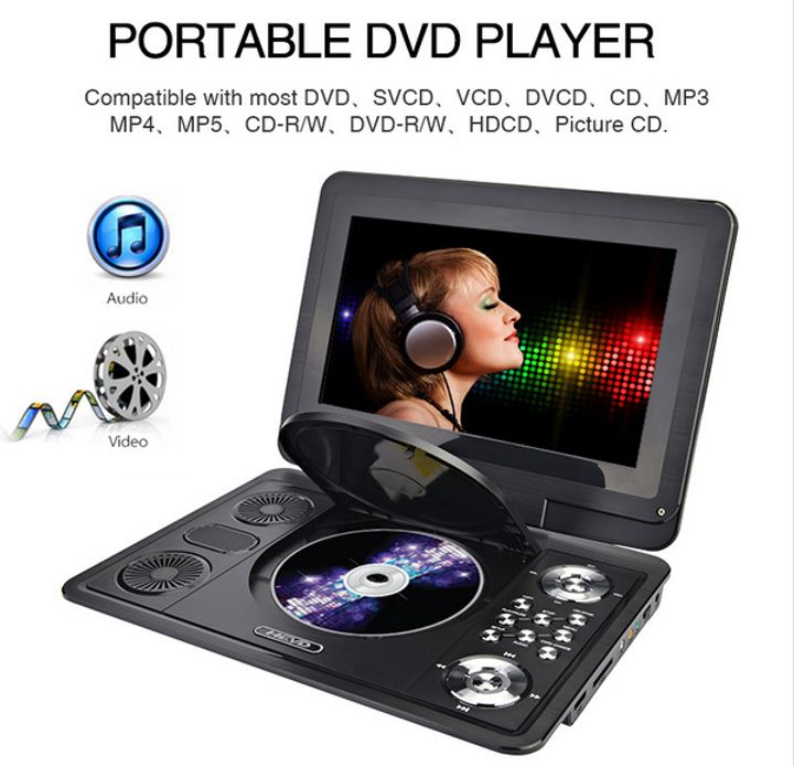 PREMIER 12.8" Portable EVD/DVD Player with TV Player Card Reader/USB Game,FM RADIO, DVD Swivel & Rechargeable Battery Rotates 270 Degrees,Built-in Speaker TFT SD CARD,3D,MMCMultimedia card AC/DC 12V,