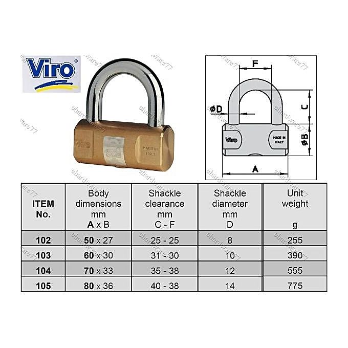 Viro 104 Hardened Cylindrical Brass Padlock 70mm Made in  Italy