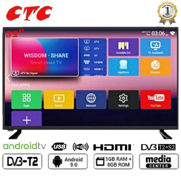 CTC 32" Inches Frameless Bluetooth Enabled Smart Android  TV, Netflix, Inbuilt Decoder Youtube Television Connect Inbuilt WIFI,APP STORE  Smart Digital TV+ 6 EXTRA ACCESSORIES