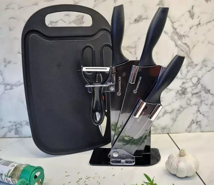 7pcs PoenScae Knife Set with a Chopping board and Stand As Pictured