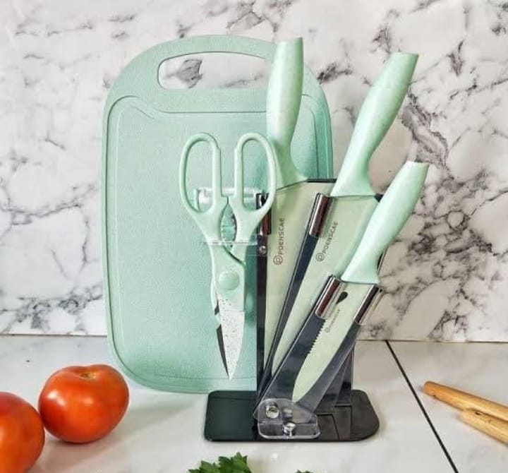7pcs PoenScae Knife Set with a Chopping board and Stand As Pictured