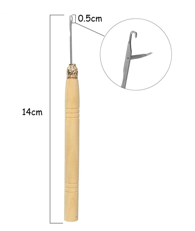2 Pcs Wooden Handle Needle Lace Wig Knitting Micro Ring Loop Hair Weaving Crochet Hook Tools