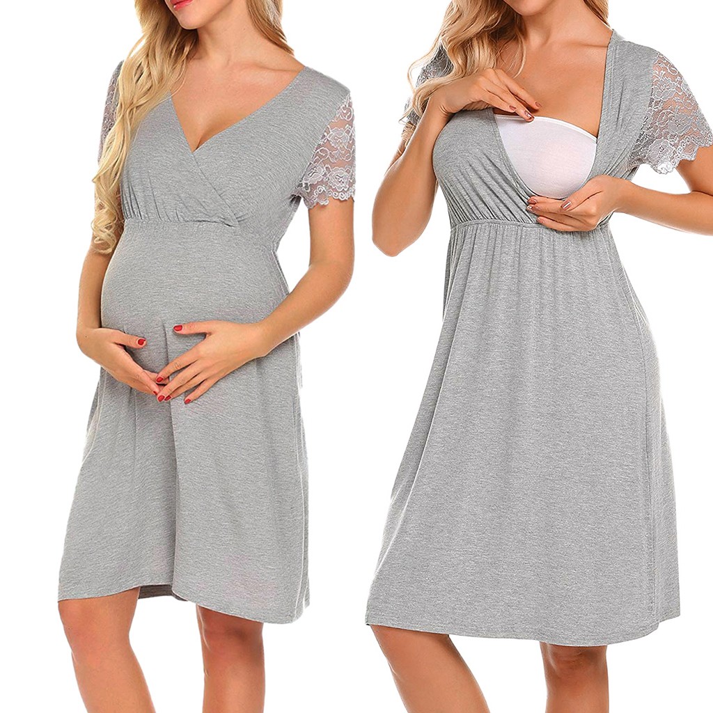 Maternity Dress Pregnant Womens Dresses Nursing Nightgown Lace Splice Pregnancy Maternity Clothing