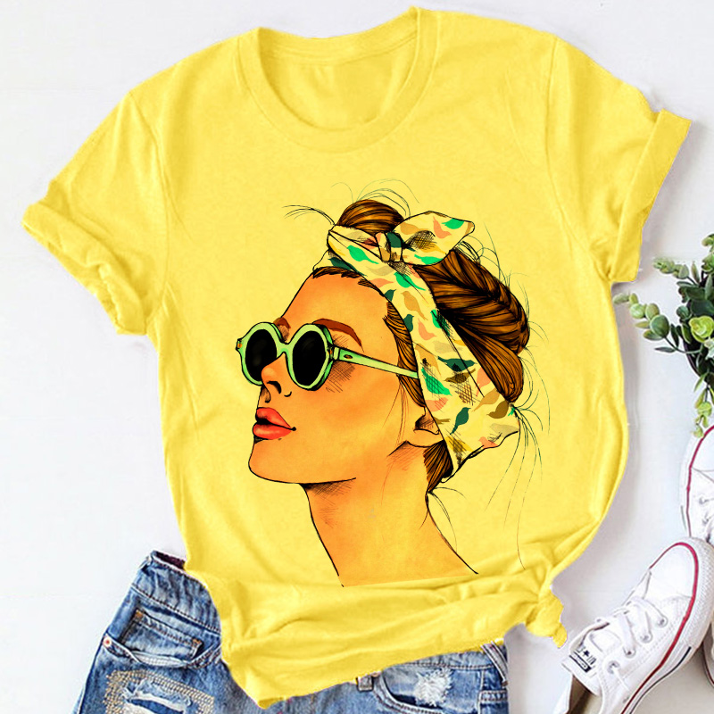 Yellow Plus Size Tshirt Women Summer Vogue Print Lady Casual T-Shirt Tops