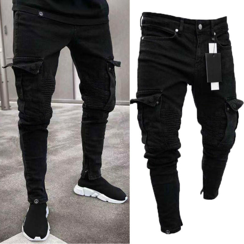 Men Biker Ripped Long Denim Trousers Skinny Jeans Pants Destroyed  Trousers