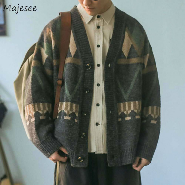 Men Cardigan Autumn Male Outwear Mens Sweaters V-neck Argyle Retro Japanese Jackets &amp; Trench Coats