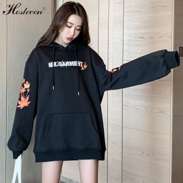 Winter Women Long Black Sweatshirts Casual Coat Cotton Hooded Lady Fashion Tops
