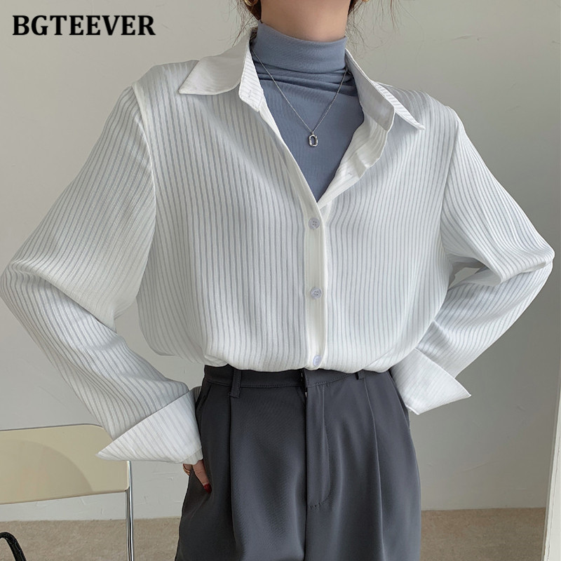 BGTEEVER Office Ladies Striped Women Blouses Tops Full Sleeve Loose Women Shirts Elegant Tops