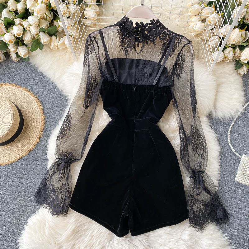 Fashion Women Two Piece Set Mesh Lace Sexy Turtleneck Long Sleeve T Shirt + Spaghetti Strap Skirts