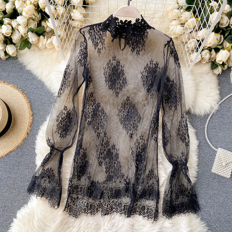 Fashion Women Two Piece Set Mesh Lace Sexy Turtleneck Long Sleeve T Shirt + Spaghetti Strap Skirts
