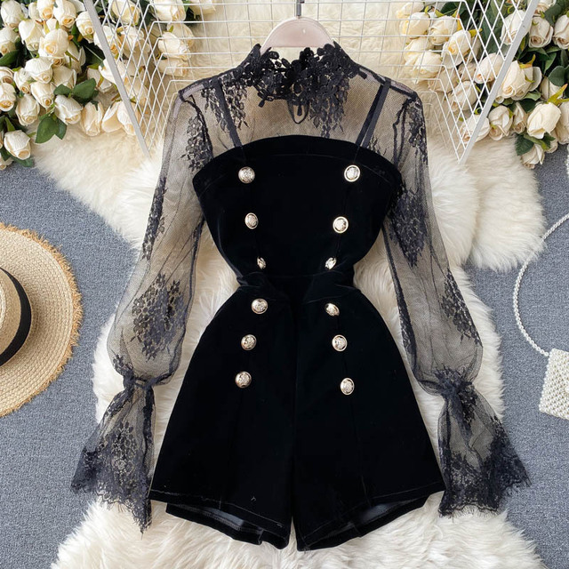 Fashion Women Two Piece Set Mesh Lace Sexy Turtleneck Long Sleeve T Shirt + Spaghetti Strap Skirts