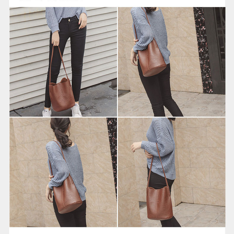 Vintage Bucket Bag PU Leather Handbag Messenger Large Capacity Shopping Bag