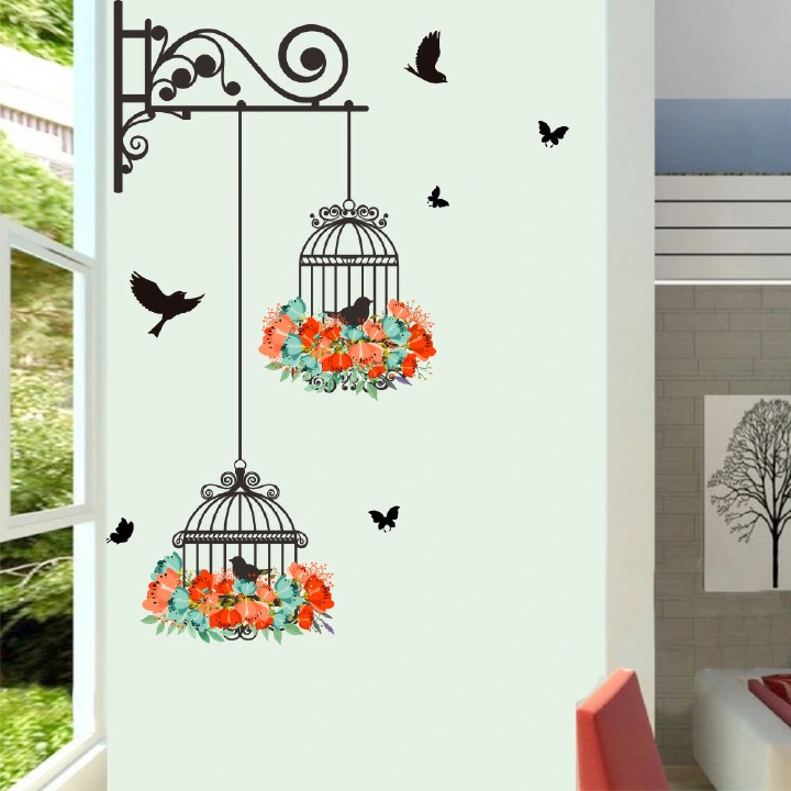 Birdcage Flower Flying for Living Room Nursery Room Wall Stickers Vinyl Wall Decals Wall Home Decor color Wall Stickers