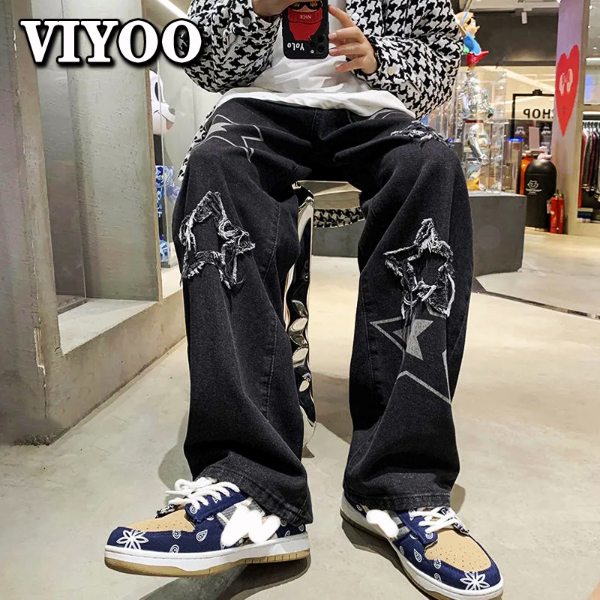 Vintage Women's Men's Korean Denim Pants Y2K Cltohes Streetwear Printed Patchwork Male Baggy Jeans Straight Trousers