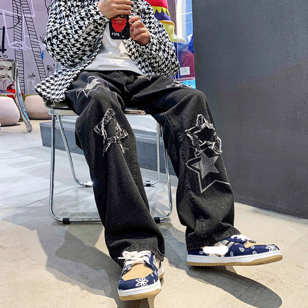 Vintage Women's Men's Korean Denim Pants Y2K Cltohes Streetwear Printed Patchwork Male Baggy Jeans Straight Trousers