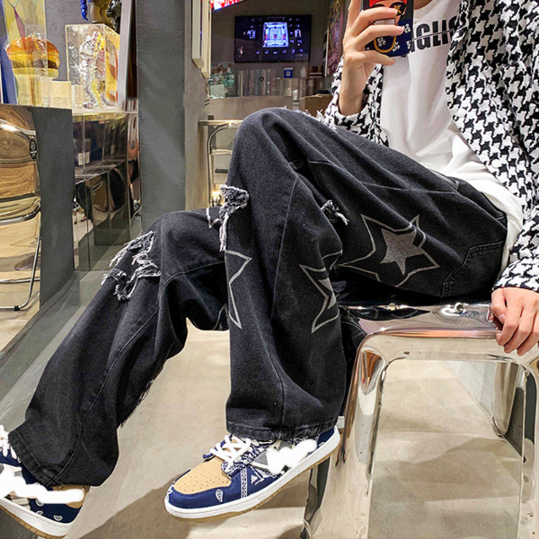 Vintage Women's Men's Korean Denim Pants Y2K Cltohes Streetwear Printed Patchwork Male Baggy Jeans Straight Trousers