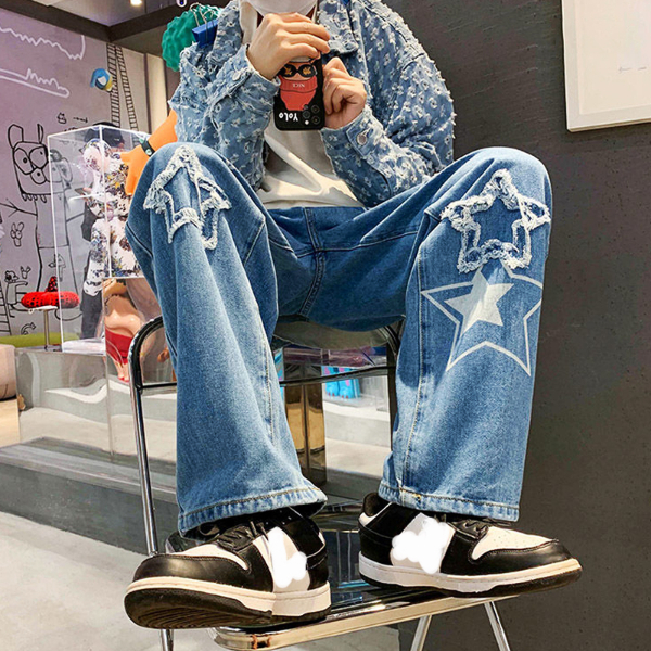 Vintage Women's Men's Korean Denim Pants Y2K Cltohes Streetwear Printed Patchwork Male Baggy Jeans Straight Trousers