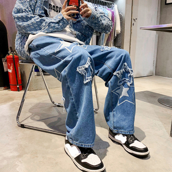 Vintage Women's Men's Korean Denim Pants Y2K Cltohes Streetwear Printed Patchwork Male Baggy Jeans Straight Trousers