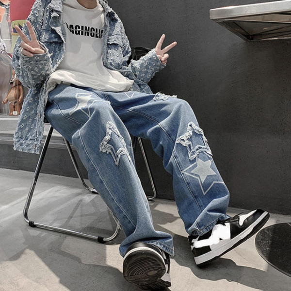 Vintage Women's Men's Korean Denim Pants Y2K Cltohes Streetwear Printed Patchwork Male Baggy Jeans Straight Trousers