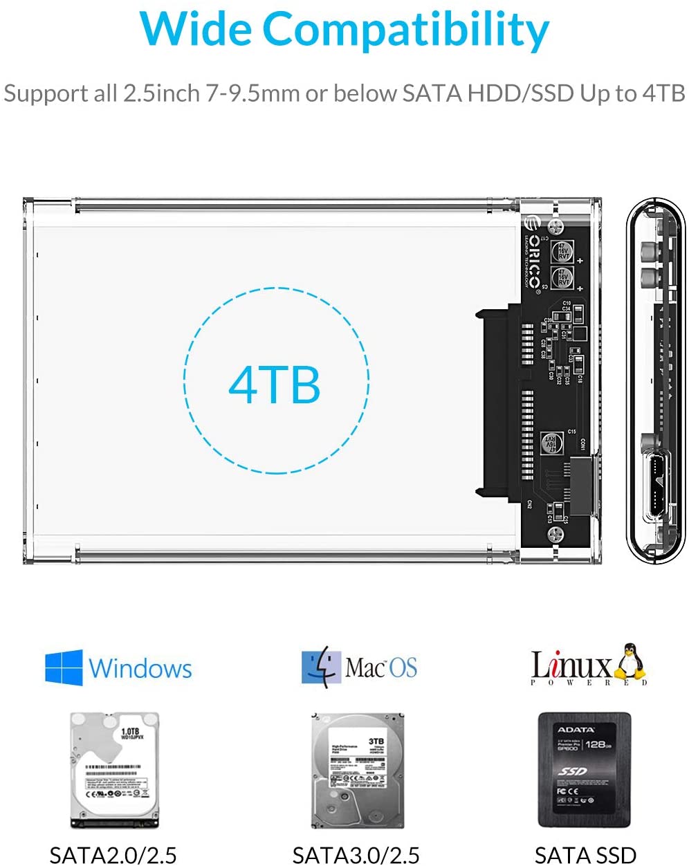 ORICO USB3.0 to SATA III 2.5&quot; External Hard Drive Enclosure for 7mm/9.5mm SATA HDD/SSD Tool Free