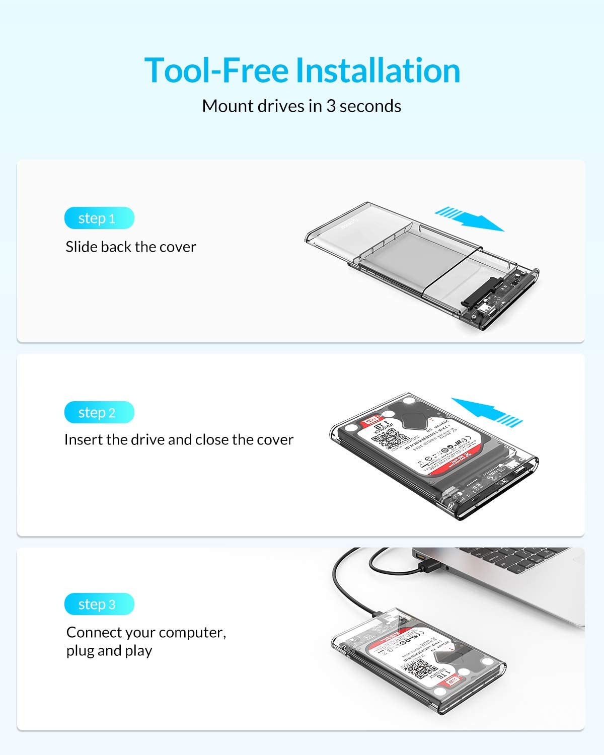 ORICO USB3.0 to SATA III 2.5&quot; External Hard Drive Enclosure for 7mm/9.5mm SATA HDD/SSD Tool Free