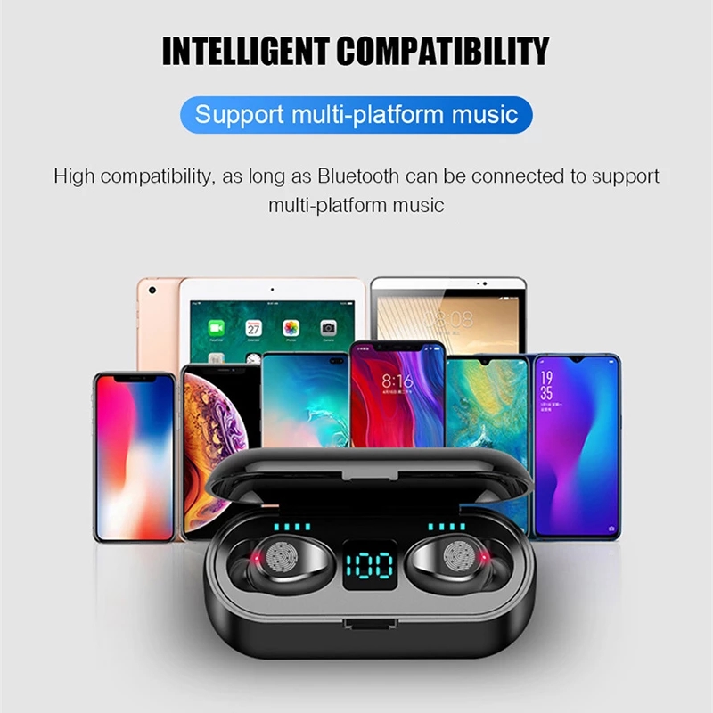 F9 TWS Bluetooth 5.0 Earphones IPX4 Waterproof LED Display CVC8.0 Noise Cancelling HiFi Stereo with Deep Bass 5H Playtime Ergonomic Fit for Sports Traffic-Proof Wireless Earphones
