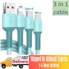 3 in 1 Fast Charging USB Charging Cable 2.4A Liquid Soft Silicone USB Data Cable USB C/iOS/Micro USB Adapters Blue 3 in 1