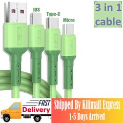 3 in 1 Fast Charging Cable 2.4A Liquid Soft Silicone USB Data Cable USB C/iOS/Micro USB Adapters Green 3 in 1