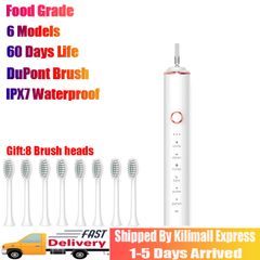 Rechargeable Electric Toothbrush Powerful Sonic Cleaning 8 DuPont Brush Heads 6 Modes w Smart Timer White