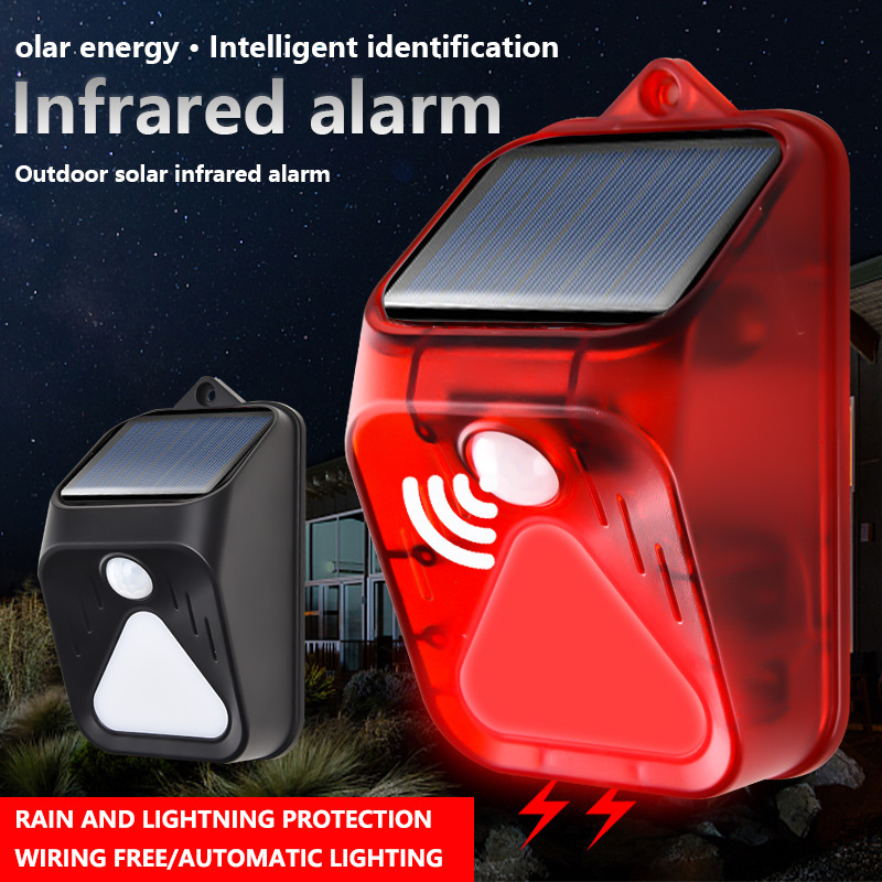 Solar Powered Alarm Infrared Motion Sensor Detector Siren Strobe Alarm System Waterproof 110dB Loud For Home Yard Outdoor Security