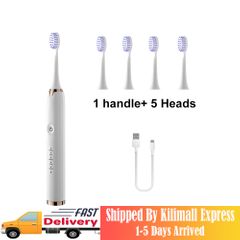 Electric Toothbrush with Smart Timer 5 Modes 5 Brush Heads USB Rechargeable Whitening Toothbrush for Adults and Kids White as picture