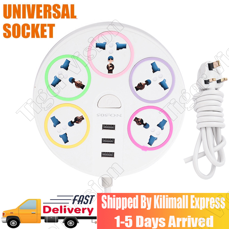 Universal Power Strip Child-Safe Power Strip with 3 USB Ports 2500W Flame Retardant Socket USB Charger Adapter 5AC Outlets Intelligent Charging  Wide Spacing for Kenya Home