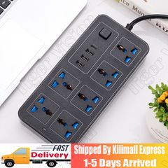 Universal Power Strip Power Socket Heavy Duty Surge Protector Plug Power Socket  6 Way Outlets 3 USB PD Charging Ports USB Charger Adapter 7 Feet Long Extension Cord Black