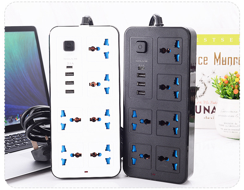 Universal Power Strip Power Socket Heavy Duty Surge Protector Plug Power Socket  6 Way Outlets 3 USB PD Charging Ports USB Charger Adapter 7 Feet Long Extension Cord