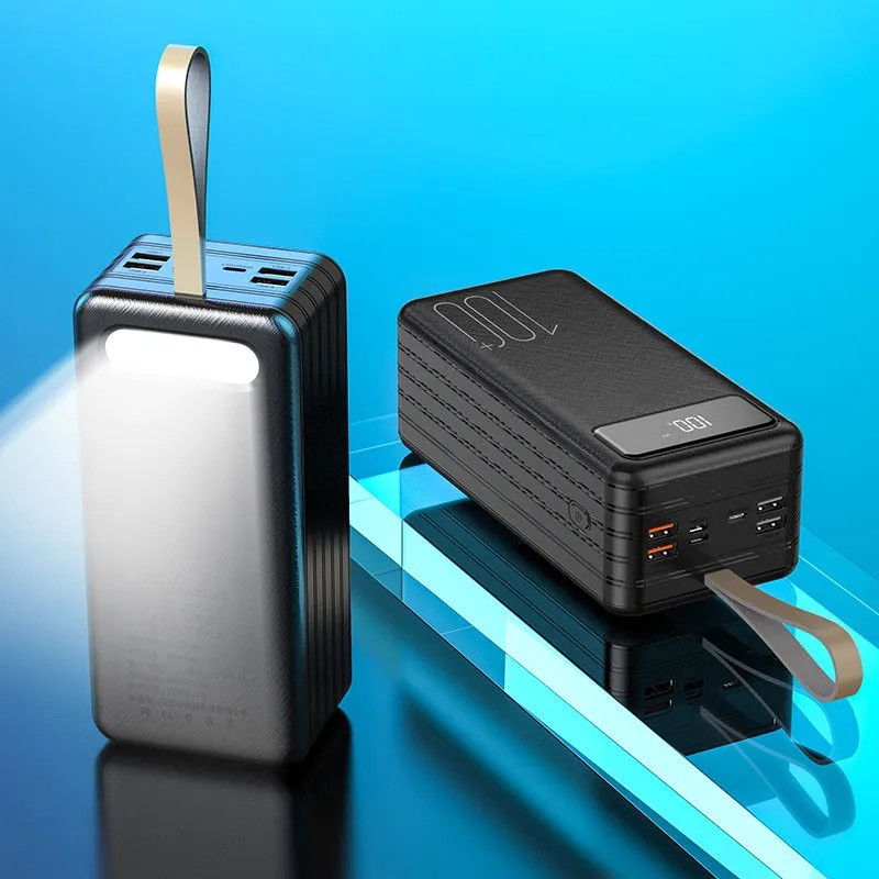 100000mAh Power Bank with Built-in Charging Cable 18W Fast Charge & LED Flashlight 4 USB Ports LED Display 370Wh Powerbank with Lanyard